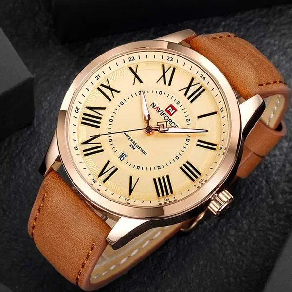 Naviforce NF9126 Luxury Genuine Leather Strap Casual Fashion Men's Watch – Dial Color: Bronze, Strap Color:  Brown  – View 2
