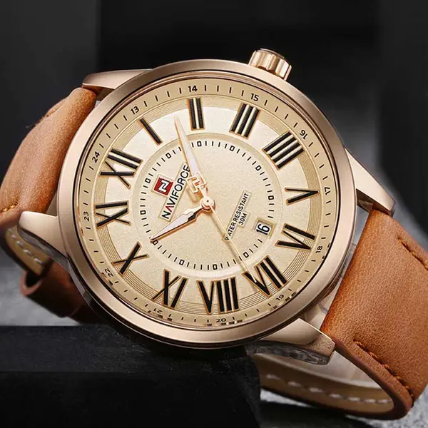 Naviforce NF9126 Luxury Genuine Leather Strap Casual Fashion Men's Watch – Dial Color: Bronze, Strap Color:  Brown  – View 3