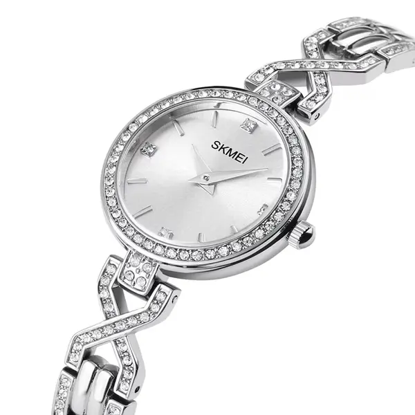 SKMEI 1738 Iced Elegant Round Dial Diamond Rhinestone Bracelet Design Women Watch – Dial Color: Silver, Strap Color: Silver – View 2
