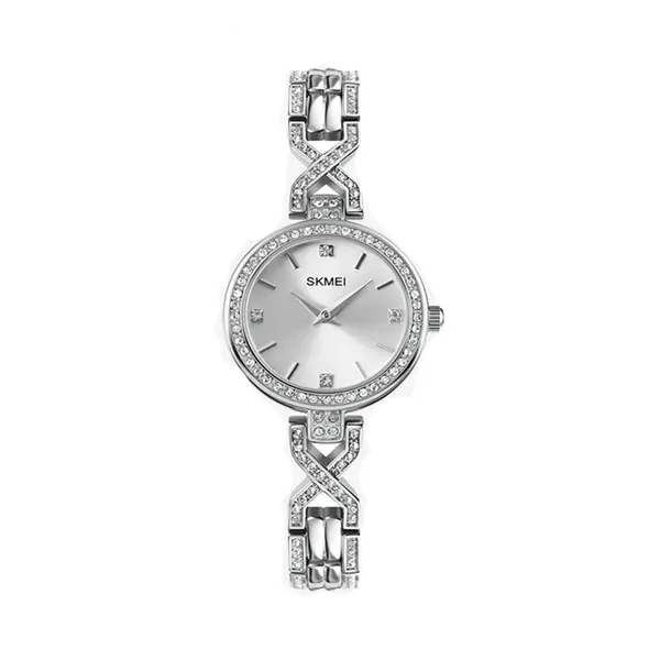SKMEI 1738 Iced Elegant Round Dial Diamond Rhinestone Bracelet Design Women Watch – Dial Color: Silver, Strap Color: Silver – View 1