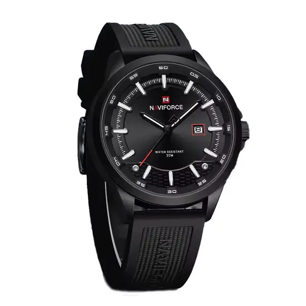 Naviforce NF9248T Waterproof Comfortable Silicone Strap Quartz Sports Men's Watch – Dial Color: Black, Strap Color: Black – View 1