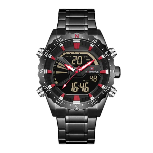 NAVIFORCE NF9136 Stainless Steel Dual Time Men's Watch – Dial Color: Red, Strap Color: Black – View 1