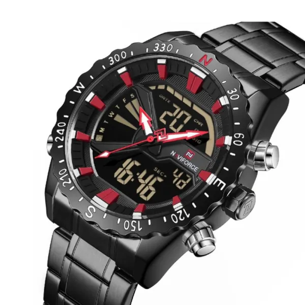 NAVIFORCE NF9136 Stainless Steel Dual Time Men's Watch – Dial Color: Red, Strap Color: Black – View 2