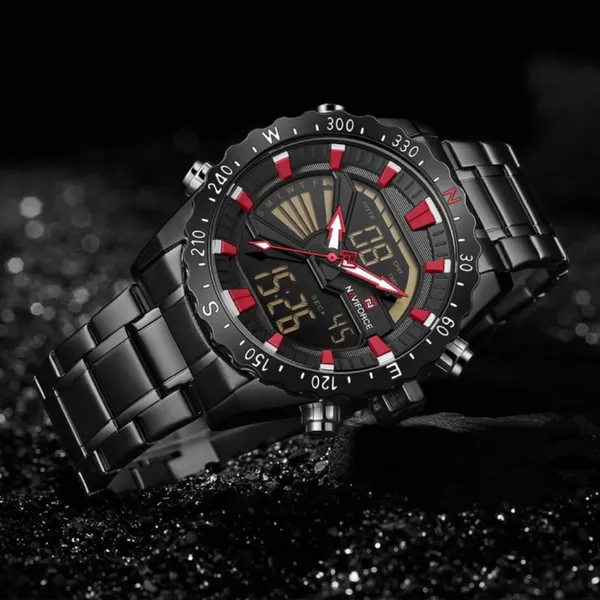 NAVIFORCE NF9136 Stainless Steel Dual Time Men's Watch – Dial Color: Red, Strap Color: Black – View 4