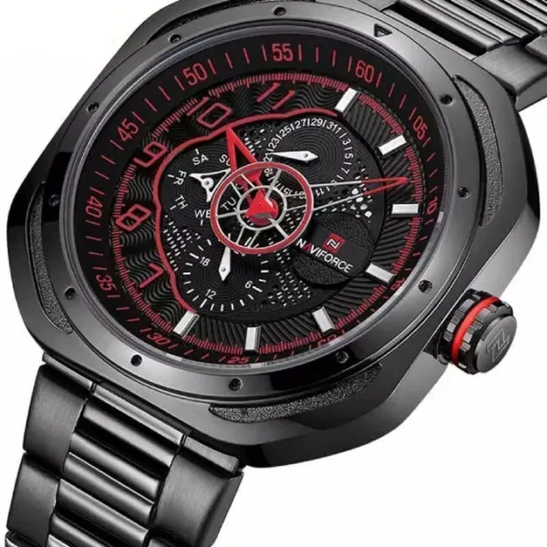 Naviforce NF9141 Luxury Stainless Steel Chronograph Men's Watch  – Dial Color: Red, Strap Color: Black – View 2
