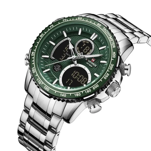 Naviforce NF9182 Luxurious Strainless Steel Chronograph Men's Watch – Dial Color: Green, Strap Color: Silver – View 2