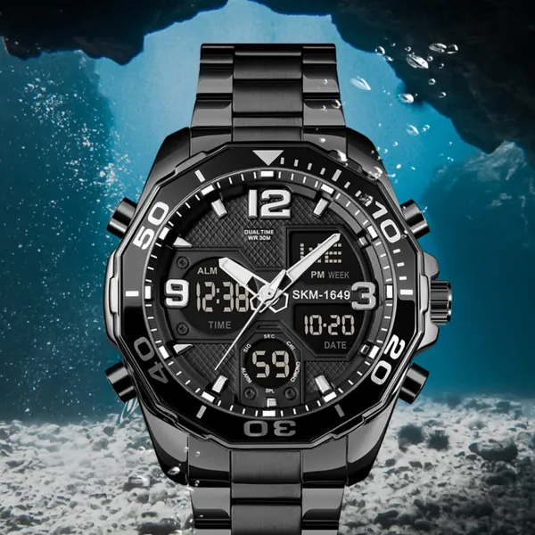 Skmei 1649BK Stainless Steel Digital LED Light Analog Men's Watch – Dial Color: Black, Strap Color: Black – View 3