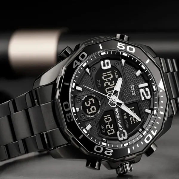 Skmei 1649BK Stainless Steel Digital LED Light Analog Men's Watch – Dial Color: Black, Strap Color: Black – View 4