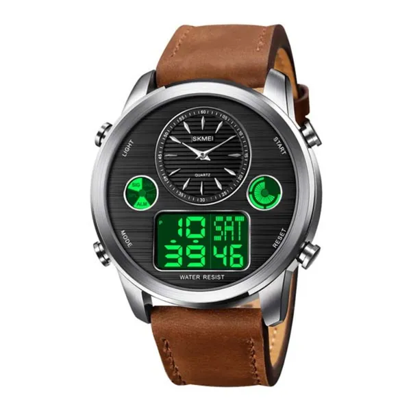 Skmei 1653 Digital Water Resistant Leather Analog Quartz Men's Watch – Dial Color: Silver, Strap Color:  Brown  – View 1