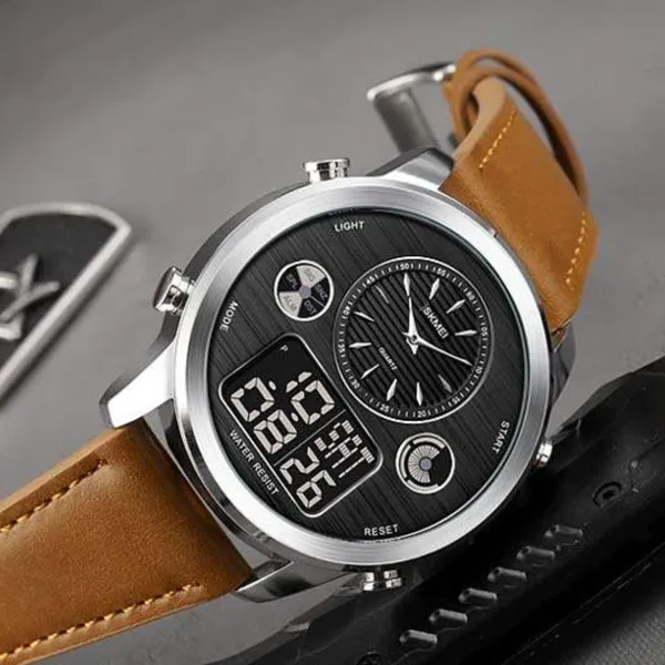 Skmei 1653 Digital Water Resistant Leather Analog Quartz Men's Watch – Dial Color: Silver, Strap Color:  Brown  – View 3