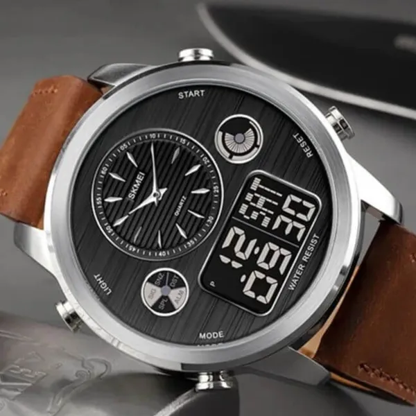 Skmei 1653 Digital Water Resistant Leather Analog Quartz Men's Watch – Dial Color: Silver, Strap Color:  Brown  – View 4