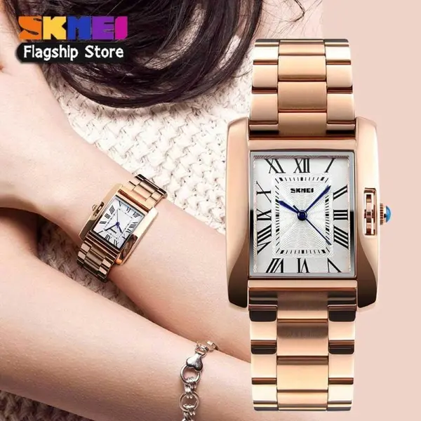 SKMEI 1284 Casual Stainless Steel Analog Women Watch – Dial Color: White, Strap Color:  Brown  – View 3