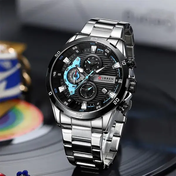 Curren 8402 Luxury Stainless Steel & Chronograph Men's Watch – Dial Color: Sky Blue, Strap Color: Silver – View 4