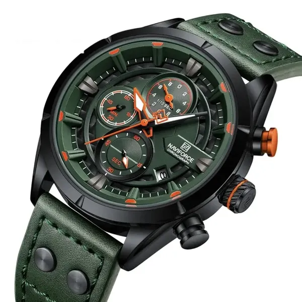 Naviforce NF8045 Vintage Sports Genuine Leather Men's Watch – Dial Color: Green, Strap Color: Green  – View 2
