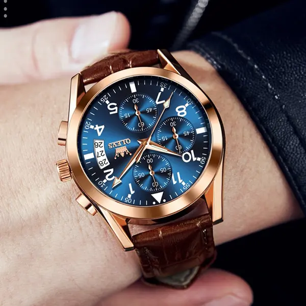 OLEVS 2878 Elite Sports Stainless Steel Chronograph Men's Analog Watch  – Dial Color: Blue, Strap Color:  Brown  – View 5