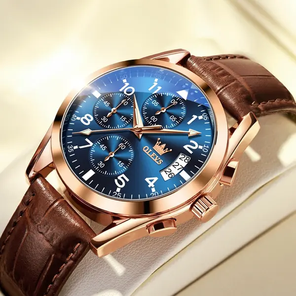 OLEVS 2878 Elite Sports Stainless Steel Chronograph Men's Analog Watch  – Dial Color: Blue, Strap Color:  Brown  – View 6