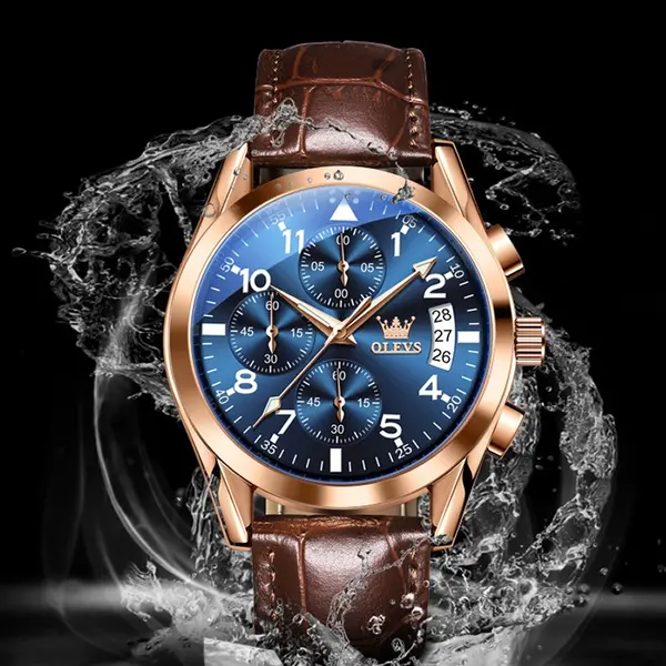 OLEVS 2878 Elite Sports Stainless Steel Chronograph Men's Analog Watch  – Dial Color: Blue, Strap Color:  Brown  – View 3