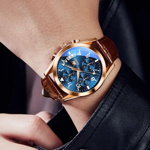 OLEVS 2878 Elite Sports Stainless Steel Chronograph Men's Analog Watch  – Dial Color: Blue, Strap Color:  Brown  – View 4