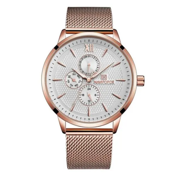 Naviforce NF3003 Mesh Stainless Steel Quartz Men's Watch – Dial Color: White, Strap Color: Rose – View 1