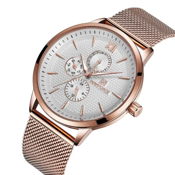 Naviforce NF3003 Mesh Stainless Steel Quartz Men's Watch – Dial Color: White, Strap Color: Rose – View 2