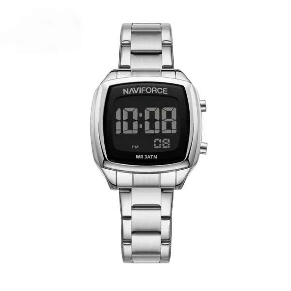 Naviforce 5047 Stainless Steel Calorie Mileage Digital Sporty Men's Watch – Dial Color: Black, Strap Color: Silver – View 1