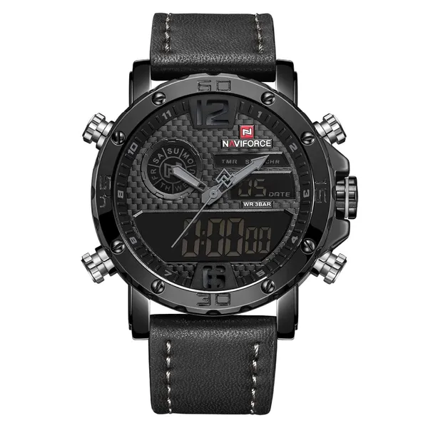 NAVIFORCE NF9134 PU Leather Analog Digital Sports Men's Watch – Dial Color: Grey, Strap Color: Black – View 1