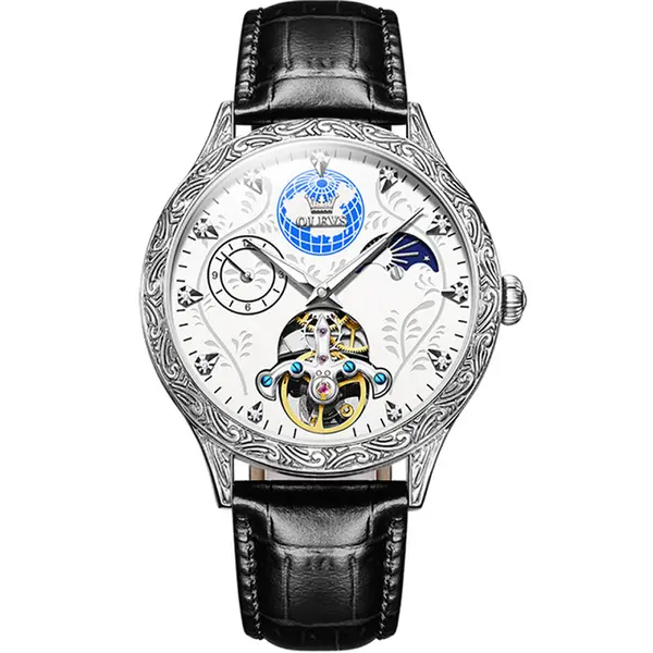 OLEVS 6660 Vintage Mechanical Movement Leather Strap Men's Wristwatch  – Dial Color: White, Strap Color: Black – View 1