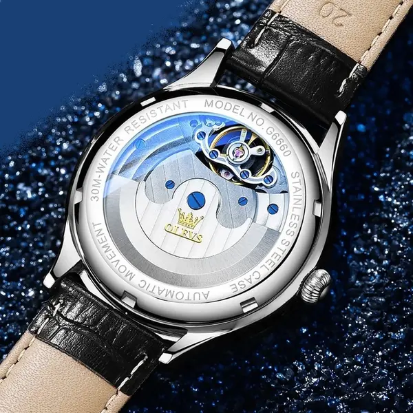 OLEVS 6660 Vintage Mechanical Movement Leather Strap Men's Wristwatch  – Dial Color: White, Strap Color: Black – View 3