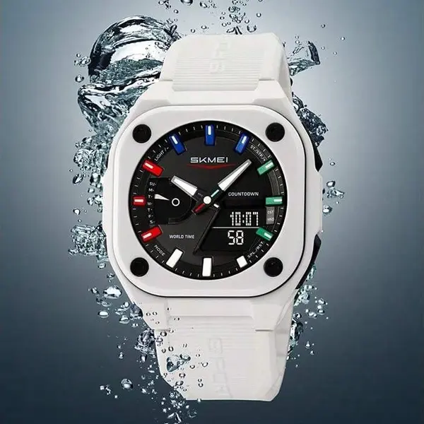 SKMEI 2328 Dual Movement Rubber Strap Sporty Men’s Watch – Dial Color: Black, Strap Color: White – View 3