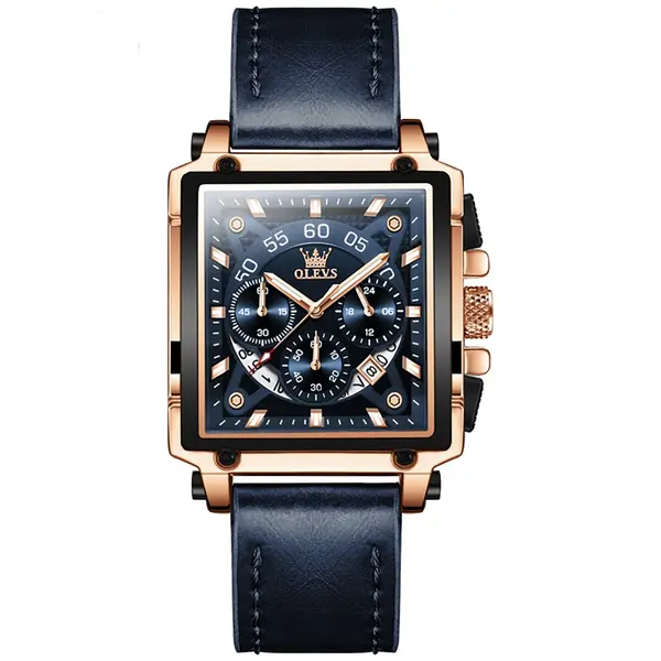 OLEVS 9919 Elite Sports Leather Strap Square Dial Chronograph Men's Analog Watch  – Dial Color: Blue, Strap Color: Blue – View 2