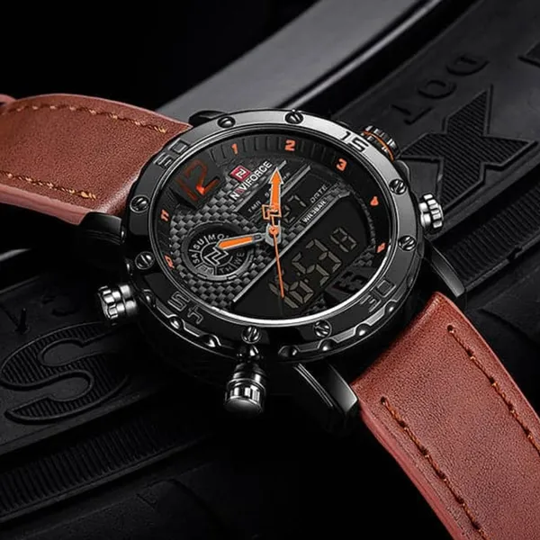 NAVIFORCE NF9134 PU Leather Analog Digital Sports Men's Watch – Dial Color: Orange, Strap Color: Black – View 3