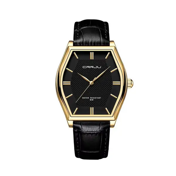 CRRJU 5020 Genuine Leather Strap Quartz Analog Luxury Redefined Men’s Fashion Watch – Dial Color: Gold, Strap Color: Black – View 1