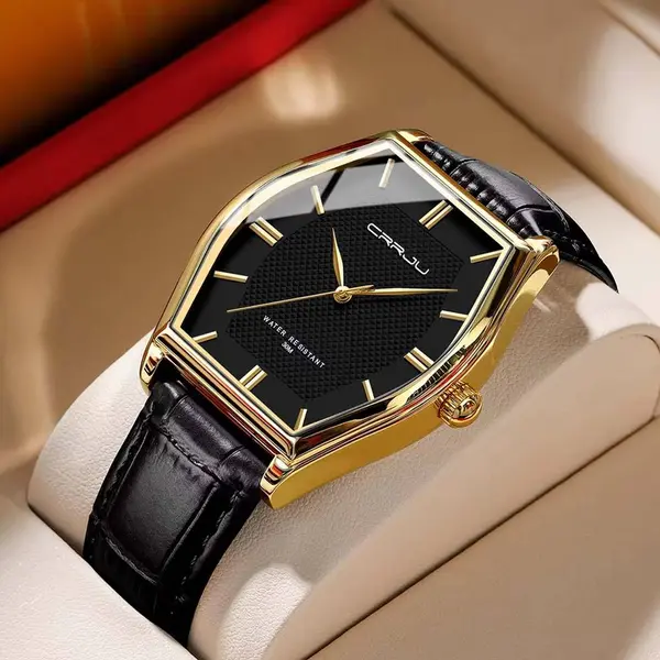 CRRJU 5020 Genuine Leather Strap Quartz Analog Luxury Redefined Men’s Fashion Watch – Dial Color: Gold, Strap Color: Black – View 2