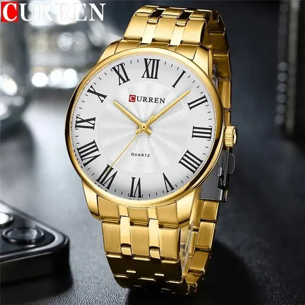 Curren 8422 Luxury Stainless Steel Quartz Analog Casual Style Fashion Men's Watch – Dial Color: White, Strap Color: Gold – View 3