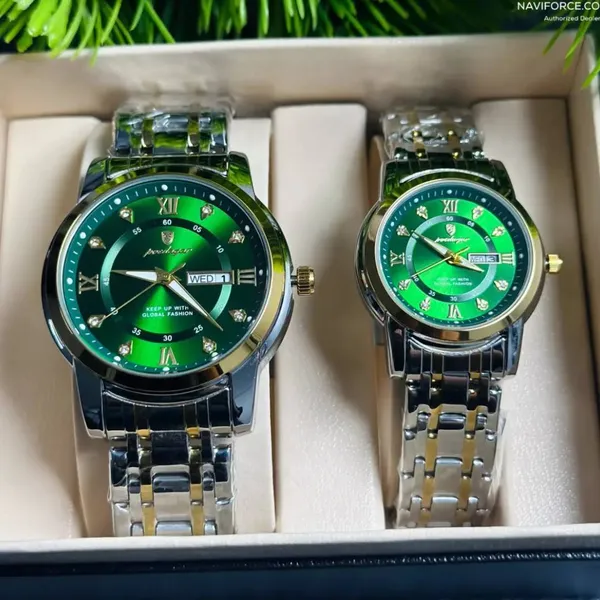 Poedagar 936 Couple Watch Green With Premium Box – Dial Color: Green, Strap Color: Silver – View 4