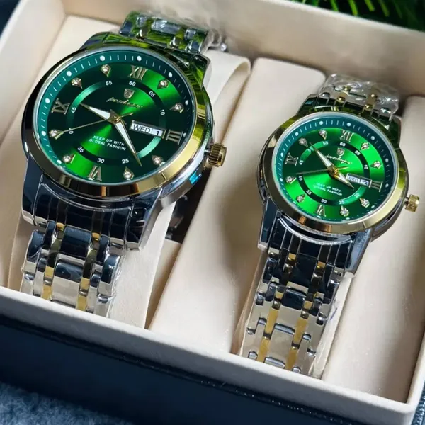 Poedagar 936 Couple Watch Green With Premium Box – Dial Color: Green, Strap Color: Silver – View 5