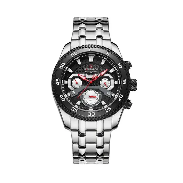 Naviforce NF9222 Luxury Stainless Steel Quartz Analog Men's Watch – Dial Color: Black, Strap Color: Silver – View 1