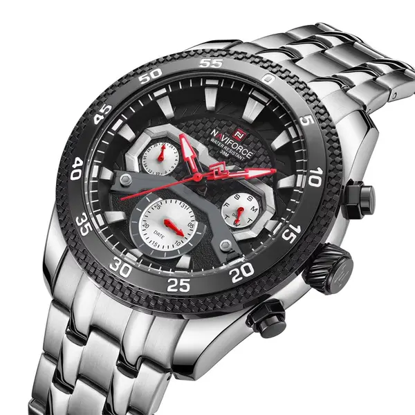 Naviforce NF9222 Luxury Stainless Steel Quartz Analog Men's Watch – Dial Color: Black, Strap Color: Silver – View 3