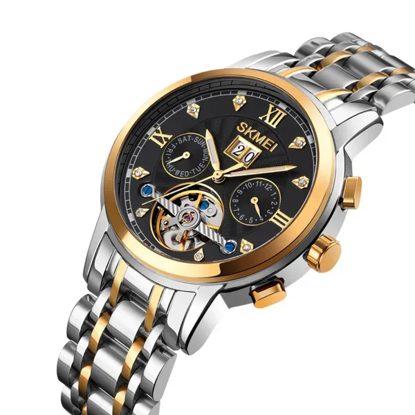 SKMEI M029 Mechanical Automatic Luxury Watch for Men – Dial Color: Black, Strap Color: Silver – View 2