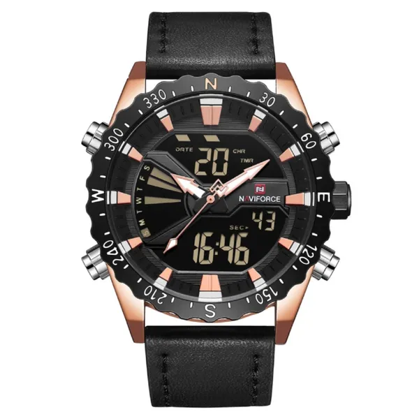 NAVIFORCE NF9136 Leather Sports Quartz Analog Digital Men’s Watch – Dial Color: Rose, Strap Color: Black – View 1