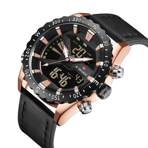 NAVIFORCE NF9136 Leather Sports Quartz Analog Digital Men’s Watch – Dial Color: Rose, Strap Color: Black – View 2