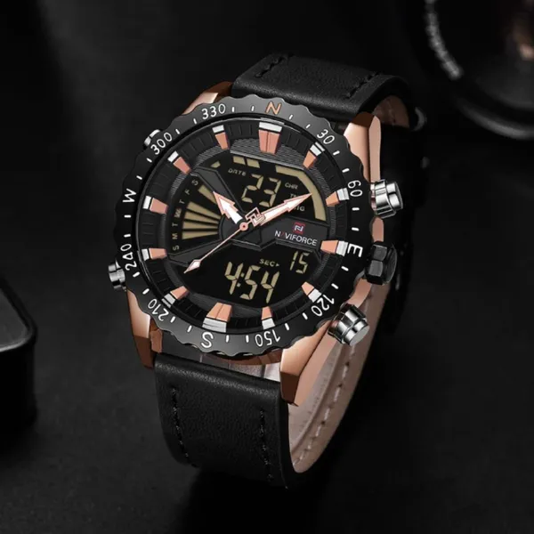 NAVIFORCE NF9136 Leather Sports Quartz Analog Digital Men’s Watch – Dial Color: Rose, Strap Color: Black – View 3
