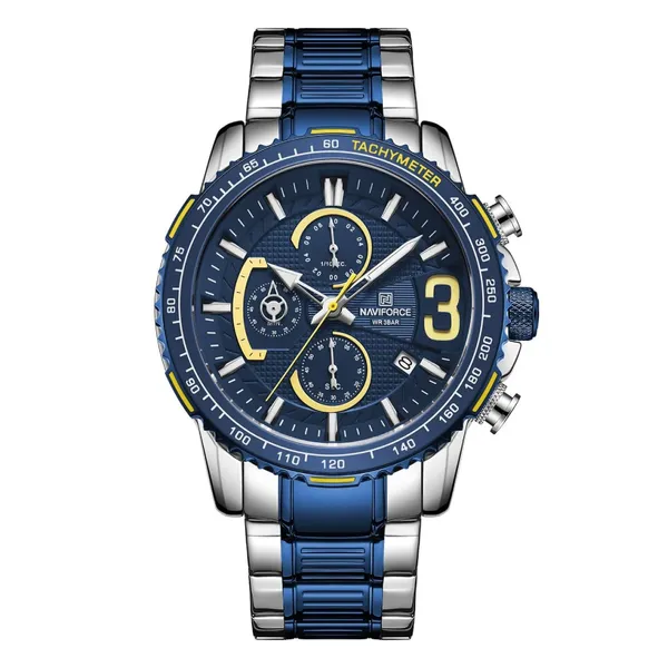 NAVIFORCE NF8017 Multifunction Stainless Steel Quartz Men's Watch – Dial Color: Blue, Strap Color: Silver – View 1