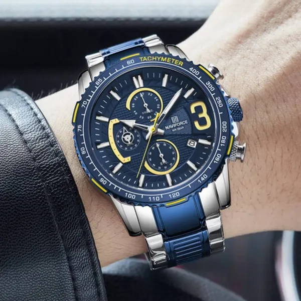 NAVIFORCE NF8017 Multifunction Stainless Steel Quartz Men's Watch – Dial Color: Blue, Strap Color: Silver – View 4