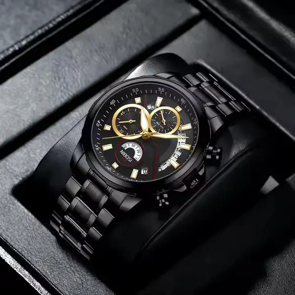 Nibosi 2576 High Quality Stainless Steel Luminous Men's Watch – Dial Color: Black, Strap Color: Black – View 3