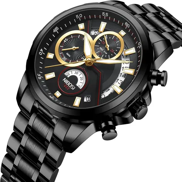Nibosi 2576 High Quality Stainless Steel Luminous Men's Watch – Dial Color: Black, Strap Color: Black – View 2