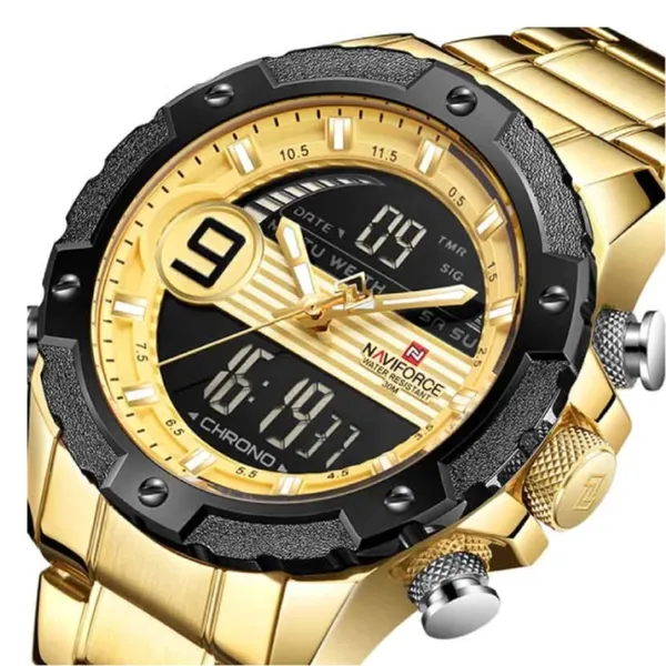 Naviforce NF9146 Double Time Waterproof Dual LCD Quartz Men's Watch  – Dial Color: Gold, Strap Color: Gold  – View 2
