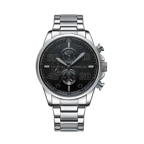 CRRJU 2307 Stainless Steel Multifunction Masterpiece Classic Chrono Men's Watch – Dial Color: Black, Strap Color: Silver – View 1