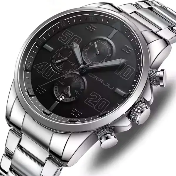 CRRJU 2307 Stainless Steel Multifunction Masterpiece Classic Chrono Men's Watch – Dial Color: Black, Strap Color: Silver – View 2