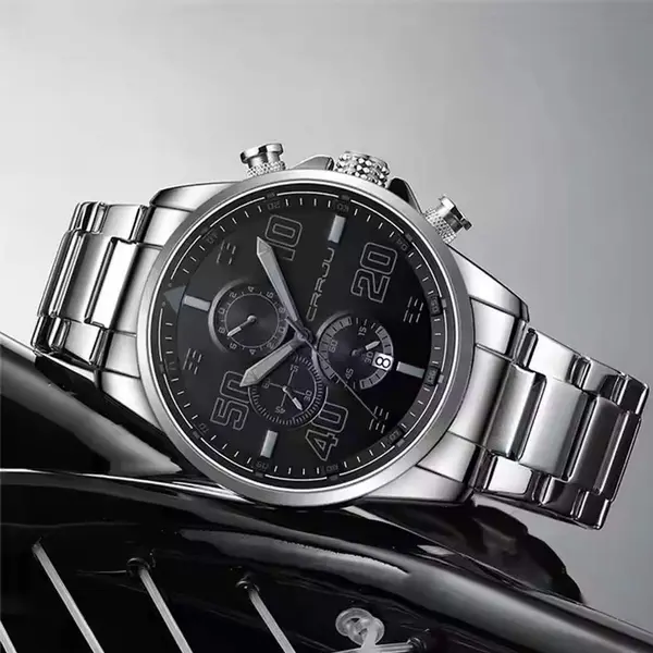 CRRJU 2307 Stainless Steel Multifunction Masterpiece Classic Chrono Men's Watch – Dial Color: Black, Strap Color: Silver – View 3
